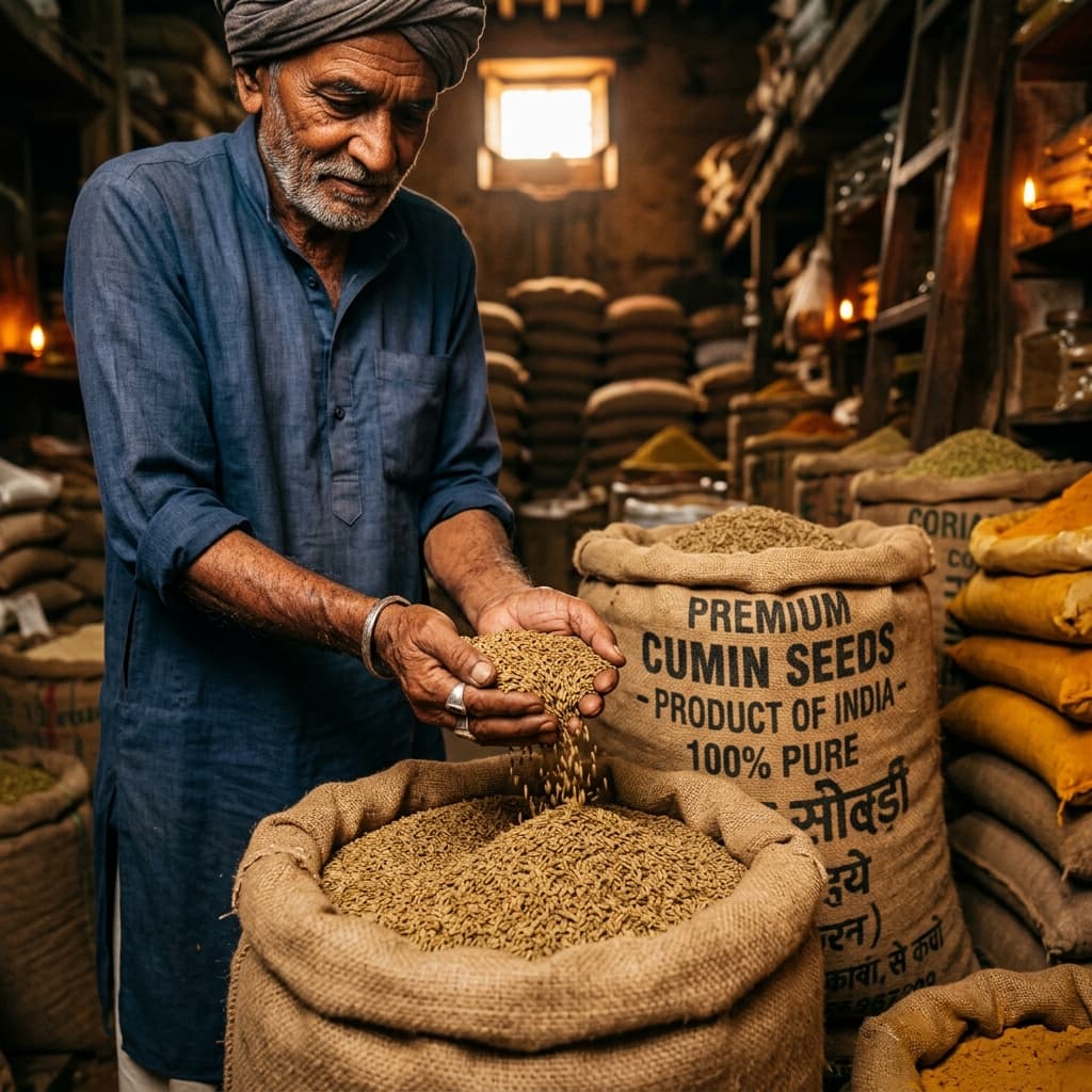 Merchant's hands inspecting cumin over a jute sack in a golden-lit godown