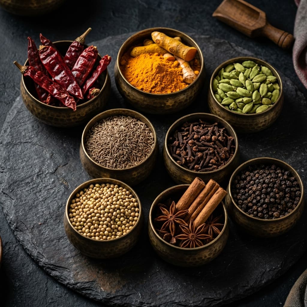 Premium whole spices in brass bowls on dark slate
