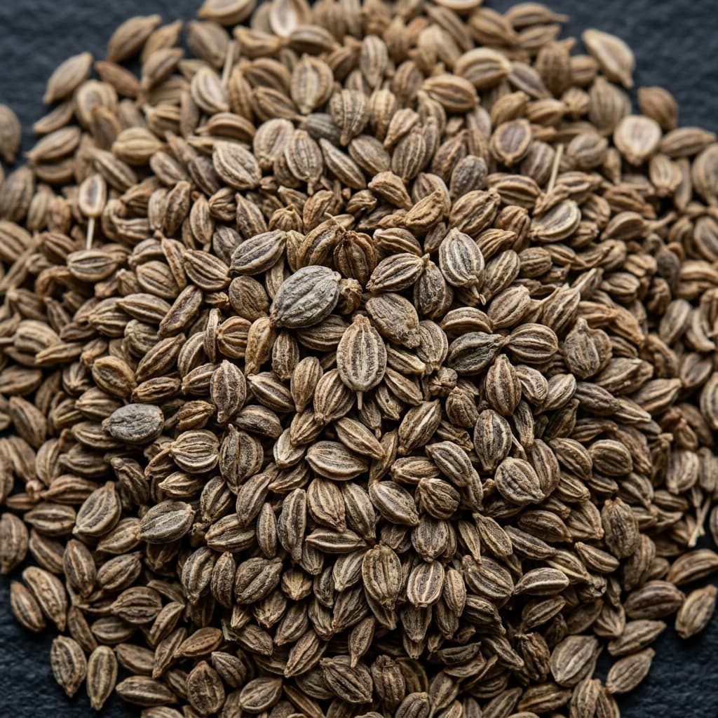 Carom Seeds — Ajwain in a carved wooden bowl