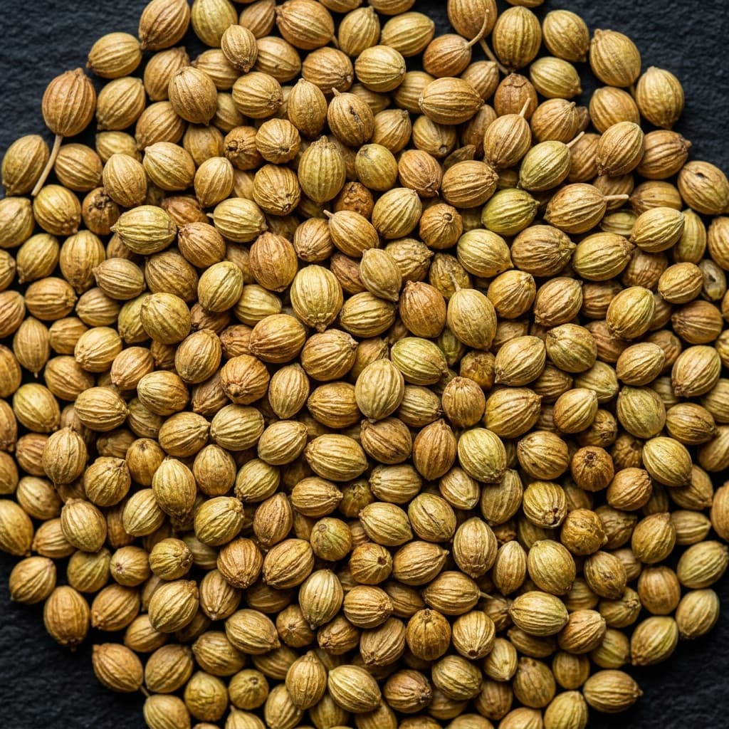 Coriander Seeds — Dhaniya in a carved wooden bowl