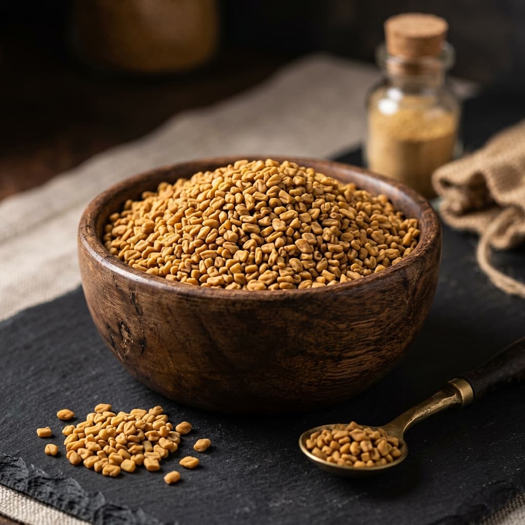 Fenugreek Seeds — Methi in a carved wooden bowl
