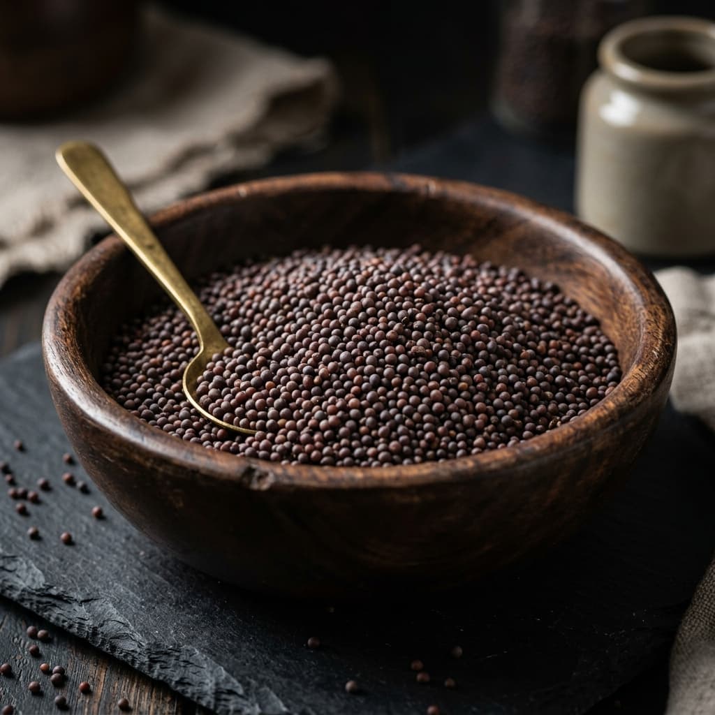 Black Mustard Seeds — Rai in a carved wooden bowl